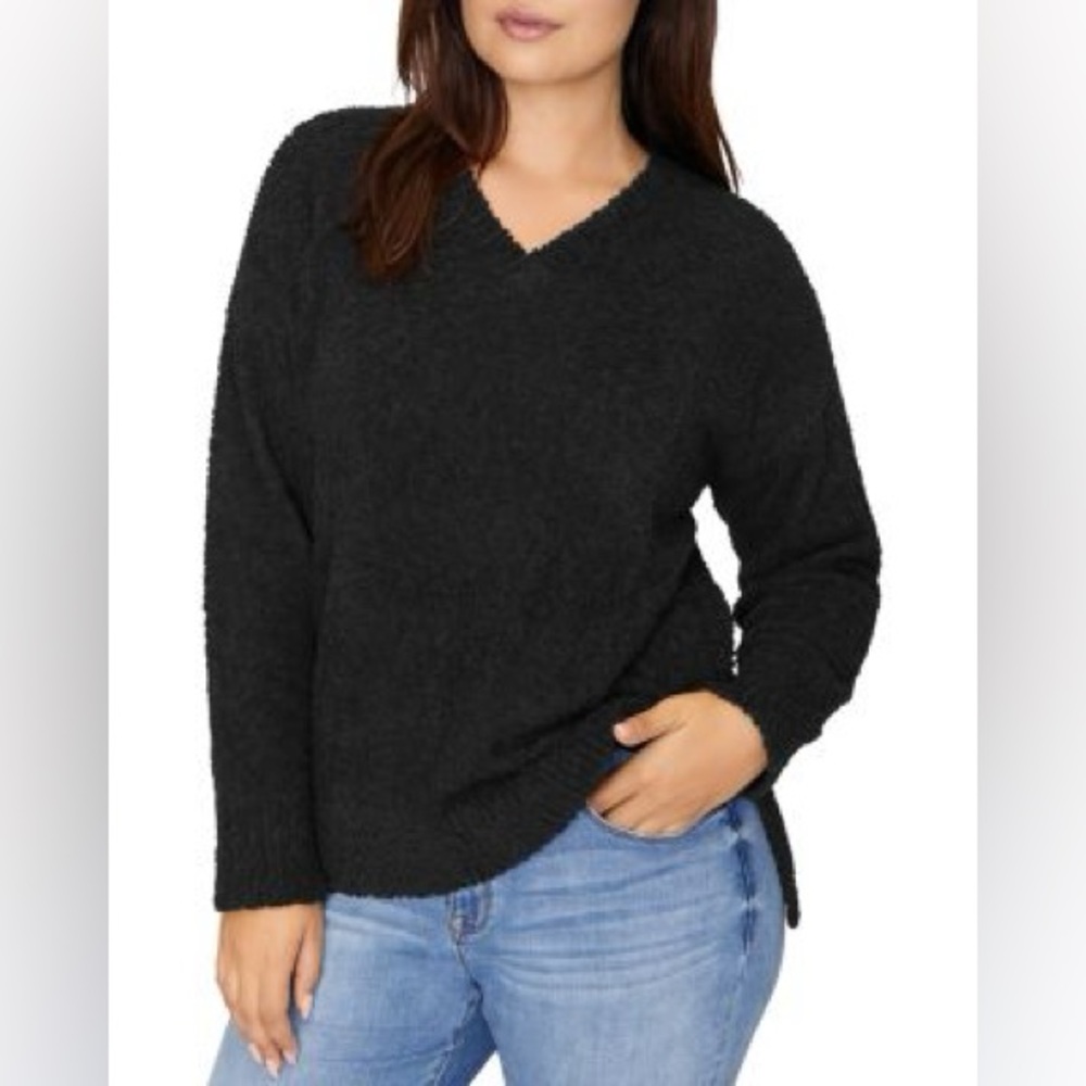 Sanctuary Women’s XL V Neck Teddy Sweater Black Long Sleeve Drop Shoulders Y2K